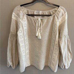 Lanhtropy 100% linen tie neck bubble sleeves top sz M Eyelet lace embellishment